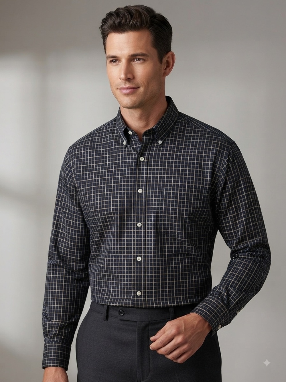 Peter Millar Dark Grey Windowpane Button-Down Dress Shirt